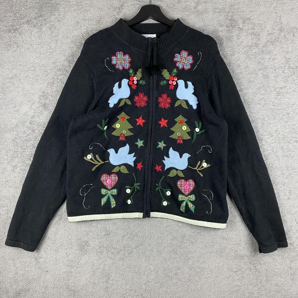 Traditions Great Northwest Sweater Womens Large Zip Cardigan Applique Christmas